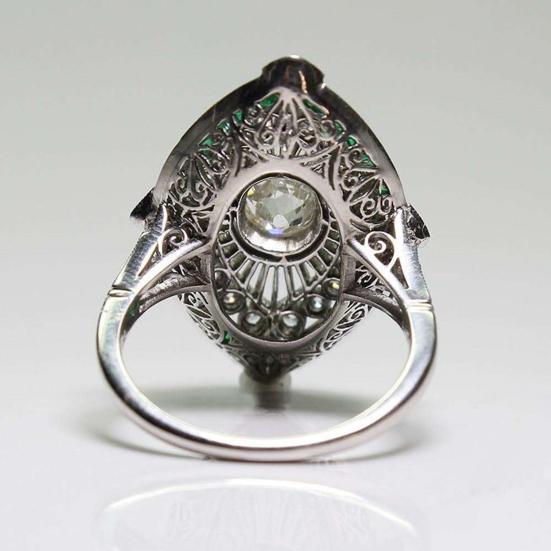 Yousheng Women Ring Shiny Rhinestone Inlaid Two-tone Geometry Electroplating Art Deco Gift Natural Emerald Faux Gemstone Engagement Wedding Ring for