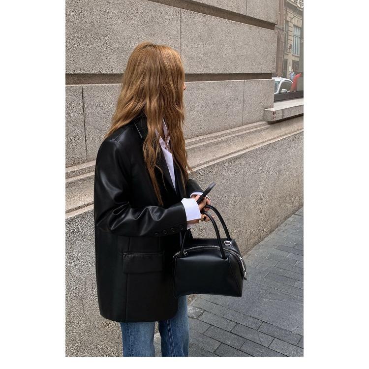 Black Long PU Leather Suit Jacket Women's Loose Spring Autumn Coat with Elegant Style Plus Size Leather Jacket