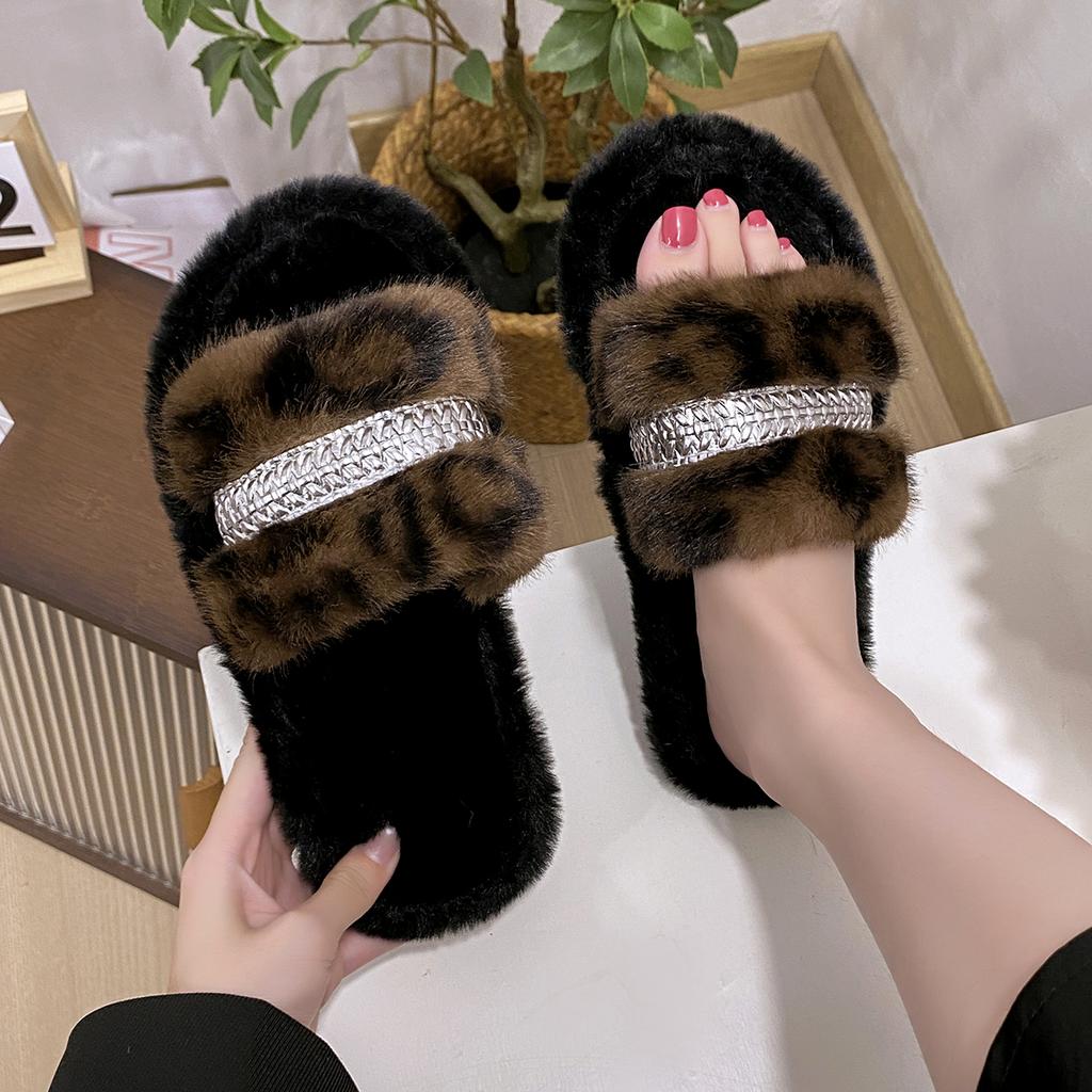 Sexy Slippers Woman Slides Daily Flat Low Heels Shoes for Women Leopard Fur Slip on Platform Bling Winter Shoes Plus Size