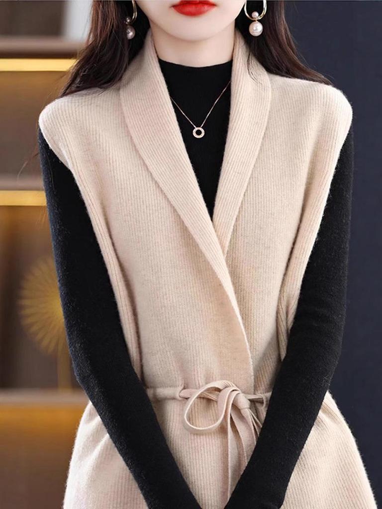Women's Solid V-Neck Wool Vest - Lace-up Knit Sleeveless Outerwear for Autumn/Winter.