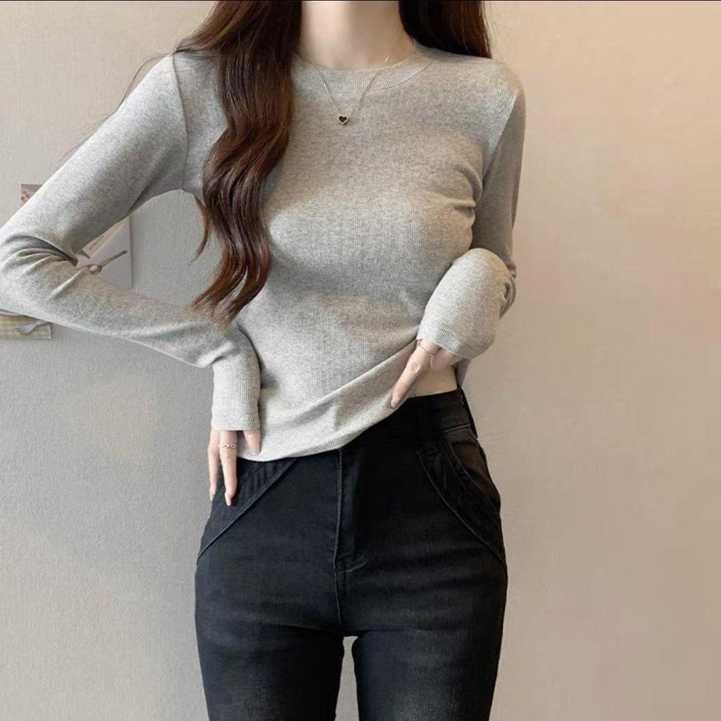 Burgundy Spicy Girl Long Sleeve Slimming T-Shirt for Women - Straight Shoulder, Autumn/Winter Style.