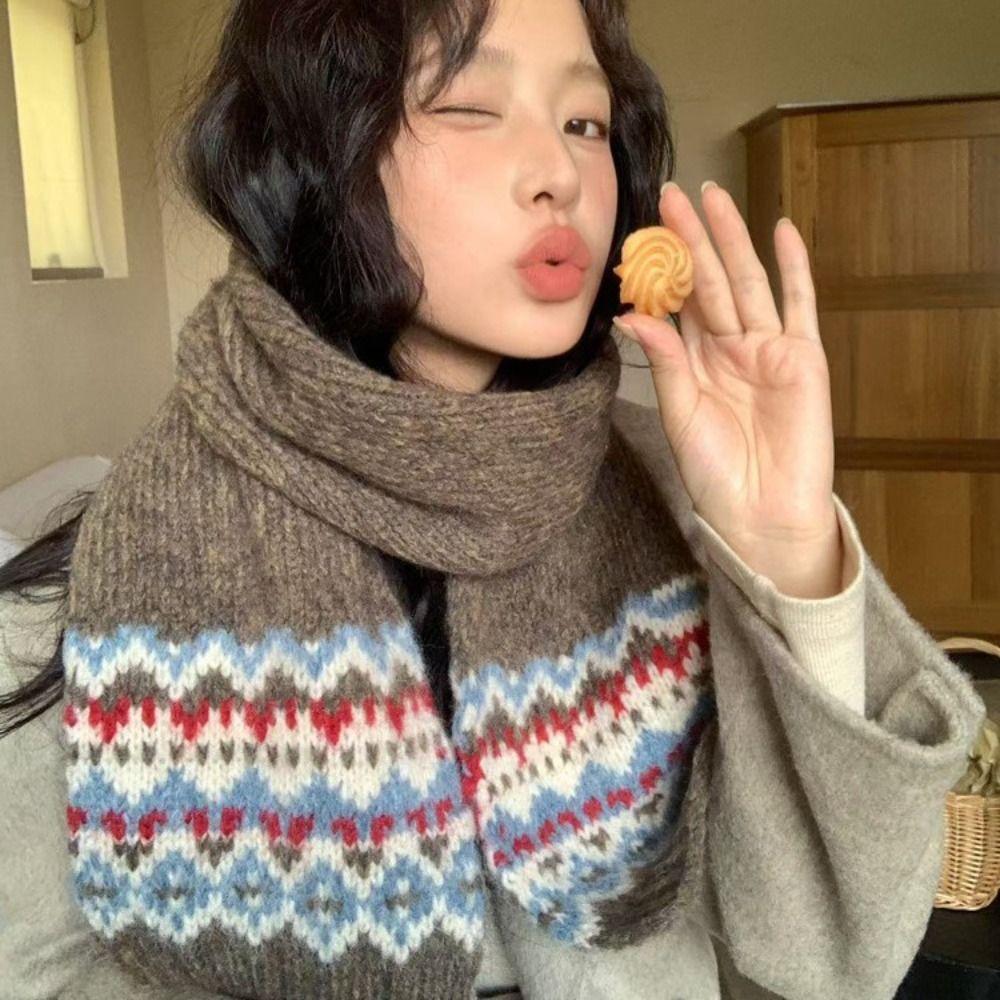 Wool Jacquard Knitted Scarf Plush Fair Isle Style Shawl Winter Cashmere Scarves Autumn Winter