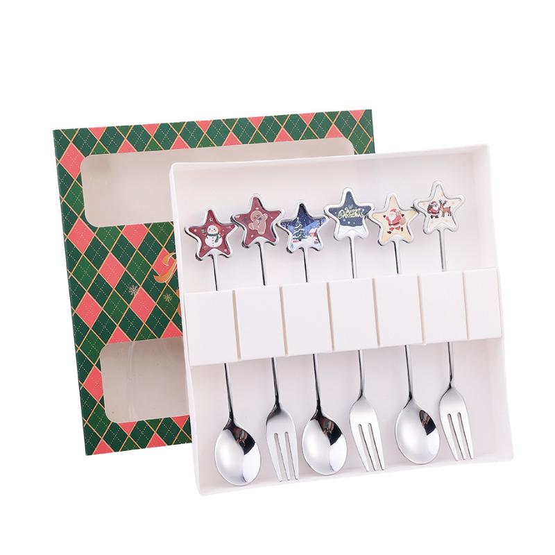 2/6Pcs Christmas Stir Spoon And Golden Dessert Fork Set With Five Star Tree Design For Christmas Eve Party Gift Tableware