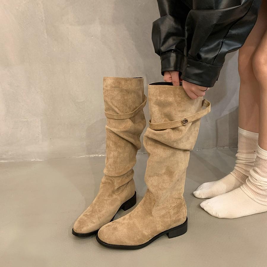 French thick heel apricot suede piled boots women's shoes 2025 new spring and autumn winter versatile thin long boots