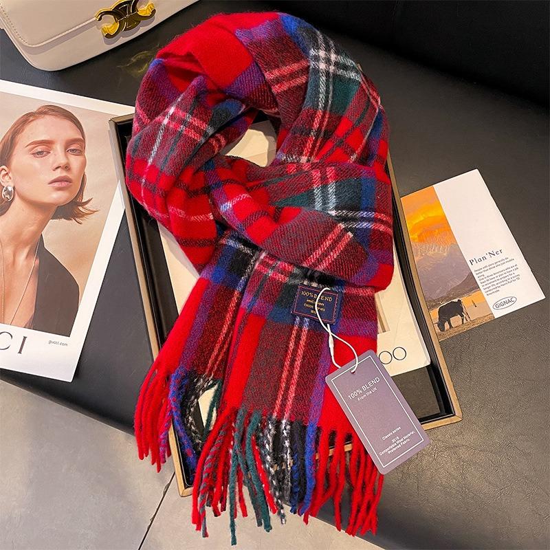 Red plaid scarf winter women's new high-end imitation cashmere scarf Christmas new thickened couple