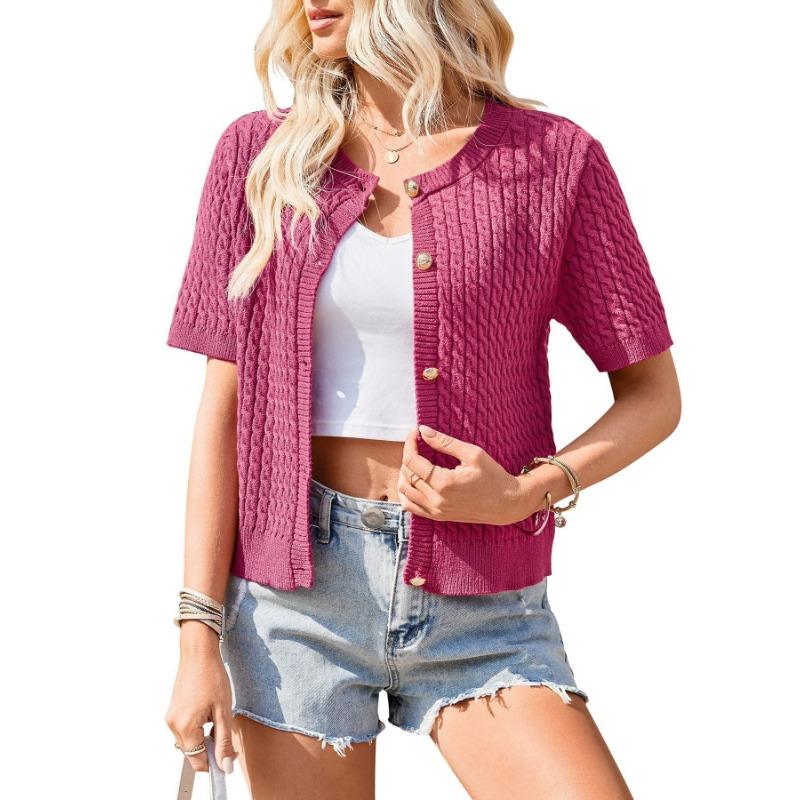 Women European Style Short Sleeve Button Front Cropped Round Neck Knitted Cardigan Sweater