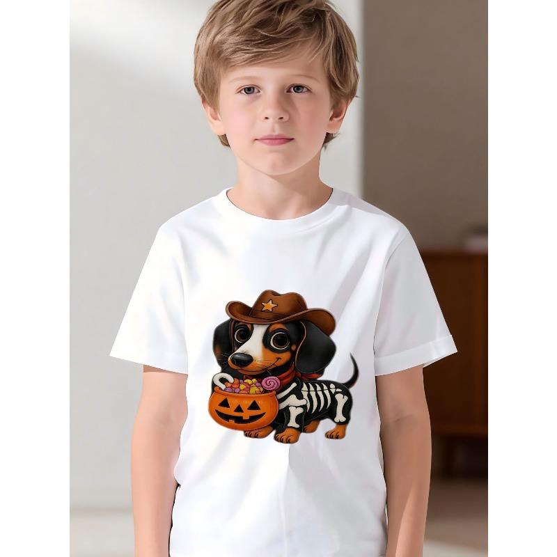 Boys Halloween Crewneck Tee, Skull Dachshund Cartoon Print 110 белый