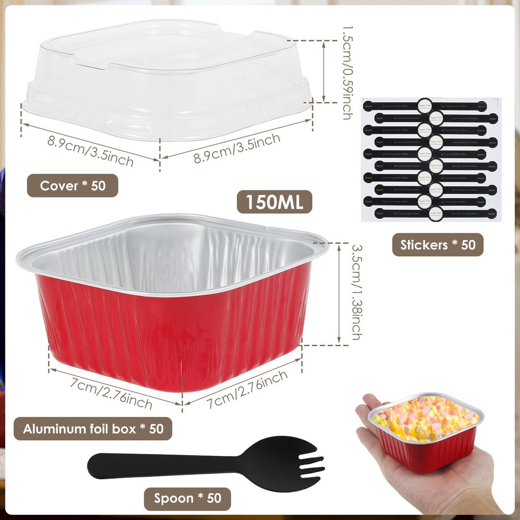 50Pcs Mini Baking Cups Aluminium Foil Cake Pans with Lids Spoons Cupcake Cups Muffin Liners Wedding Christmas Gatherings Parties