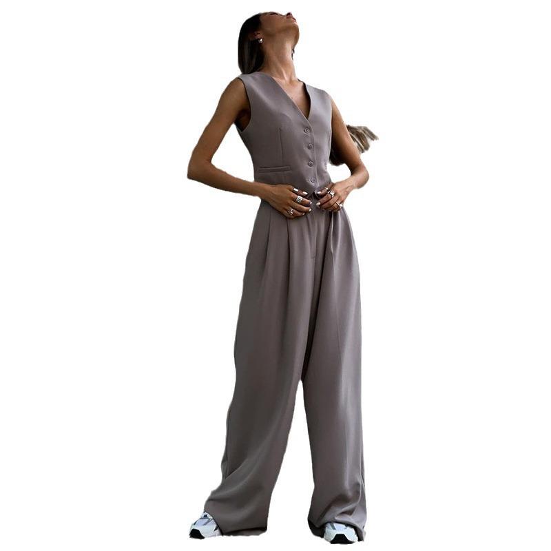 Conjunto de Moda de Verano 2025 para Mujer: Chaleco sin Mangas de Cuello en V y Pantalones de Pierna Ancha