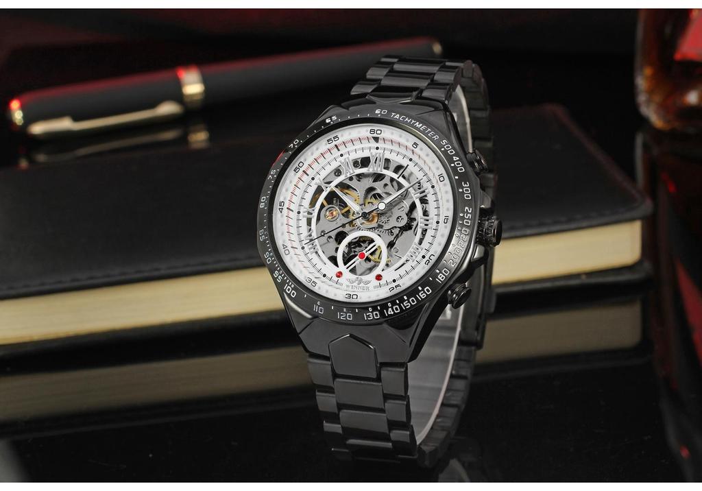 T-WINNER 8067 Men's Skeleton Automatic Mechanical Watch with Transparent Back – Business Style