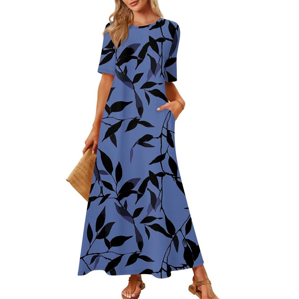 Damen Modischer Und Lässiger Langer Strandrock Rundhals Kurzärmelig Locker Retro-Print Kleid