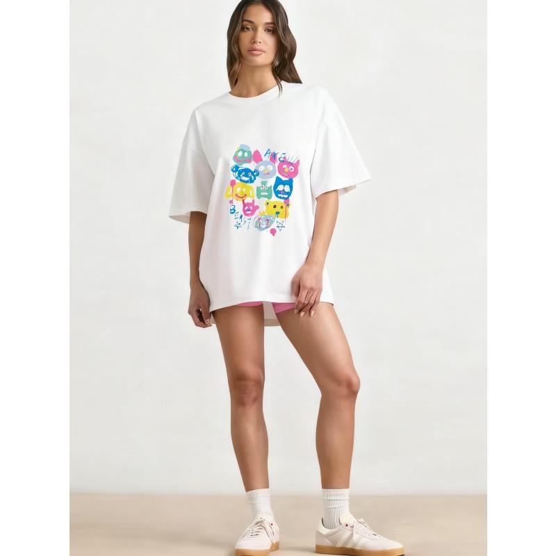 Oversized T Shirt Black Colorful Cartoon Characters And Letters Print Casual Streetwear For Women