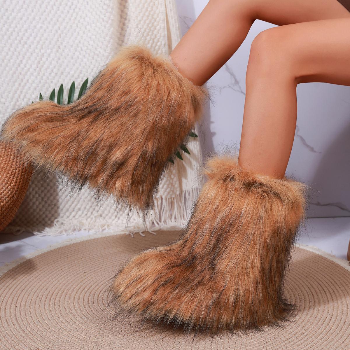 

2025 Новые женские сноубутсы Роскошные меховые Уличные Удобные Женские Ботинки Модные Теплые Ботильоны Зимние Пушистые Сапоги до середины икры 36 коричневый