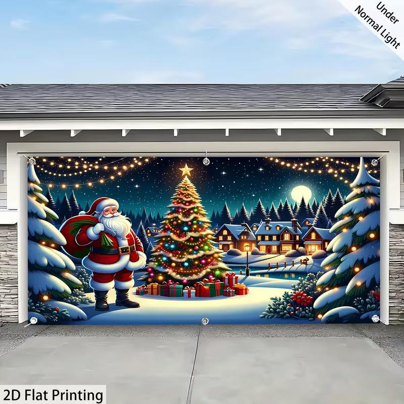 2D Christmas Garage Door Backdrop Santa Claus & Lit Tree Photography Background