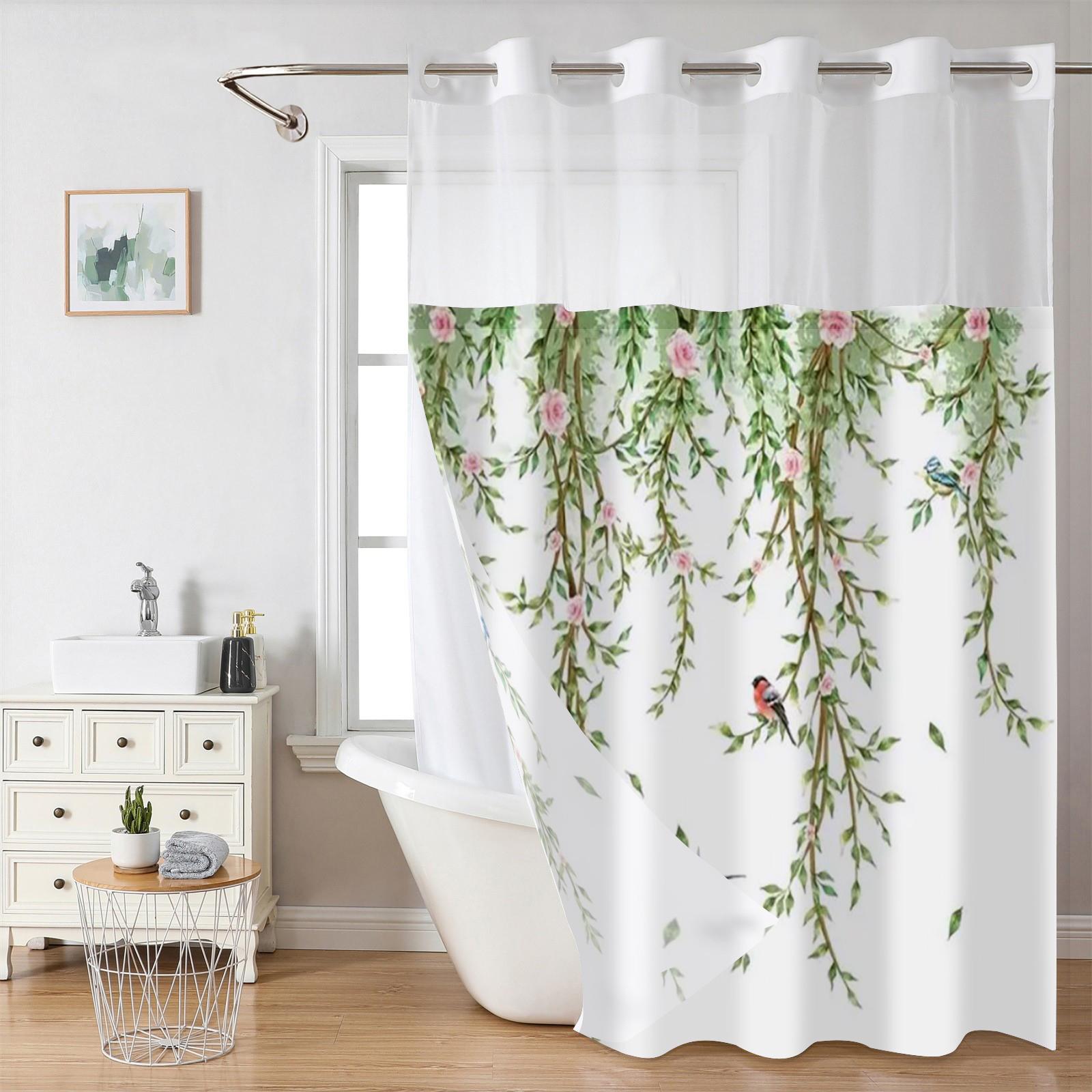 

Беспетлевая цветочная шторка для душа с птицами со съемной тканевой подкладкой, прозрачное верхнее окно, водонепроницаемая двухслойная шторка для ванны 180X188cm синий