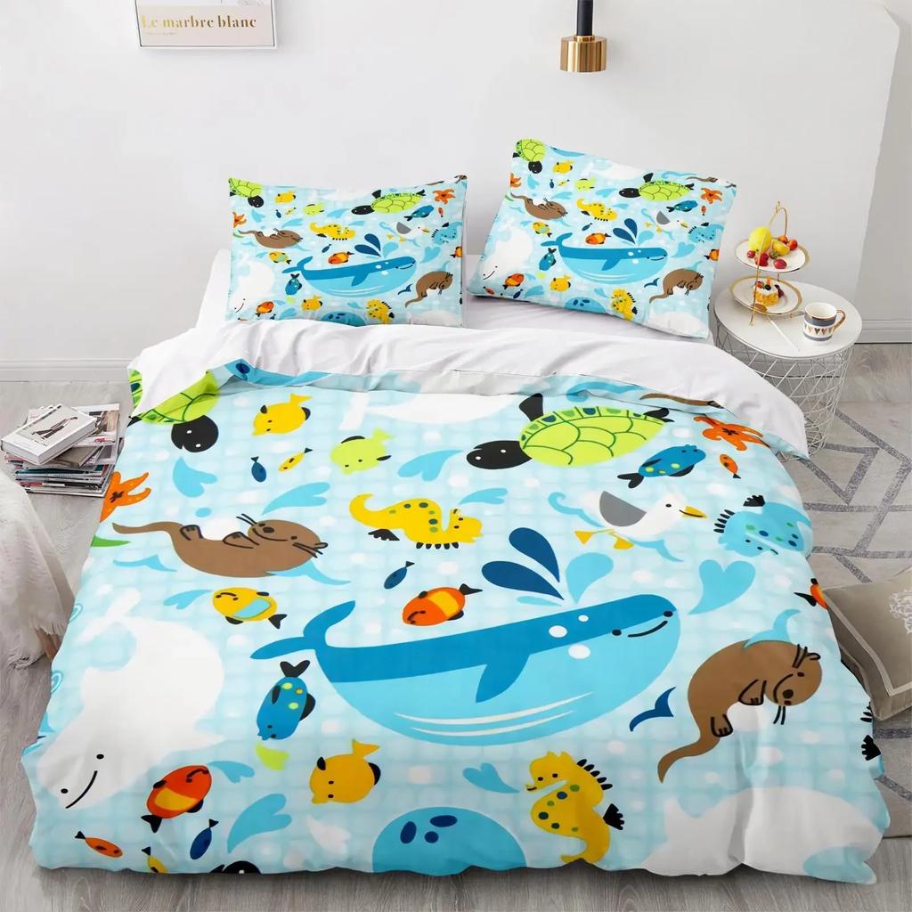 Cartoon Octopus Bedding Set KingQueen Size,Ocean Underwater World Duvet Cover Kids Sea Coral Fish Polyester Quilt Cover