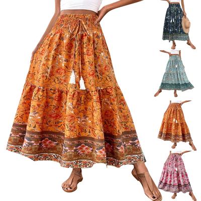 Women's Ruffled Spring Casual Long Skirt Plain Color Skirt Retro Pleated Skirt