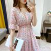 Chiffon floral dress summer dress Korean version waist thin age reduction temperament V-neck fairy skirt short sleeve long skirt