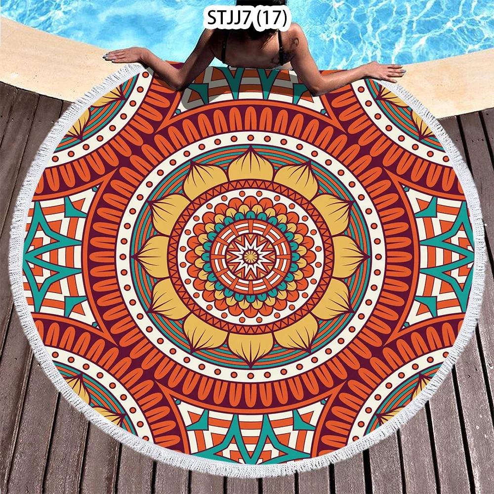 Ethnic Plaid Beach Creative Swimming Towel Microfiber Round Beach Towel Mandala Stripes Adult Large Round Bath Towel