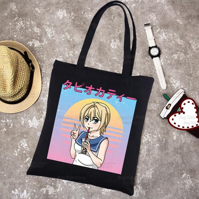 Boba Milk Tea Canvas Black Shopping Cartoon Cute Tote Bag Reusable Shoulder Bubble Tea Cloth Book Bag Gift Handbag
