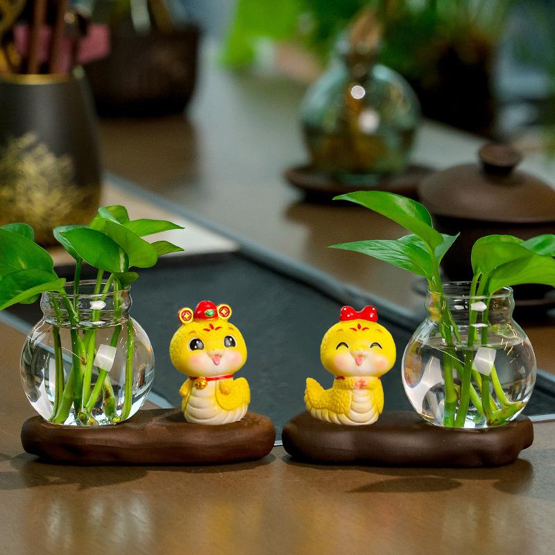 1set Desktop Plant Terrarium For Growing Hydroponic Plants Aquatic Vase Ceramic Base Snake Hydroponic Vase Glass Vase 2 styles