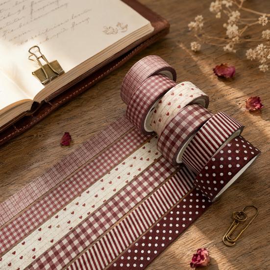Office Desk Organization Tape 6 Rolls Plaid Washi Set, Grid Checkered Pattern Masking Tape, Self Literary Art Style Adhesive Decorative for