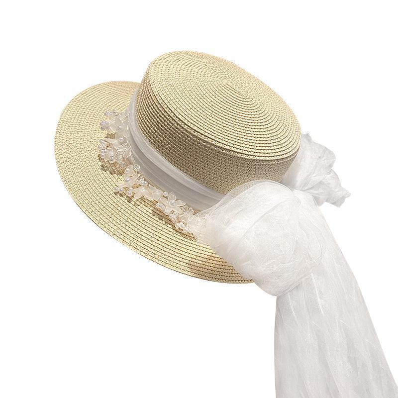 French Retro Elegant Lace Hat Flower Streamer Flat Top Big Brim Top Hat Spring and Summer Travel Sun Protection Sun Hat Women