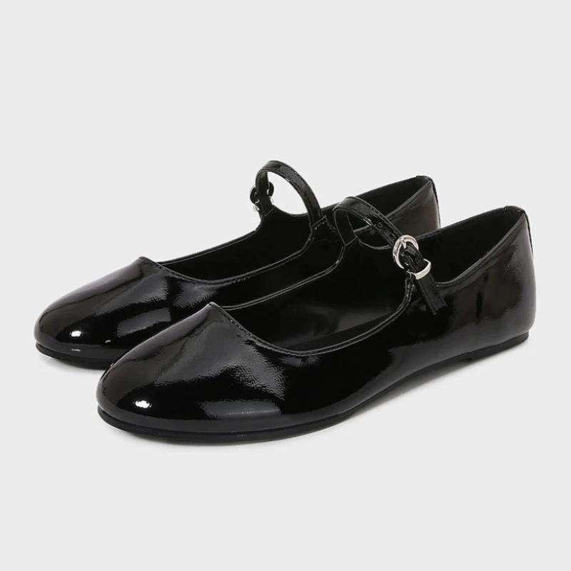 Fashion High Quality Patent Leather Black Ballet Flats Women Fashion Round Toe Shallow Buckle Mary Jane Shoes Cozy Non-slip Casual Shoes