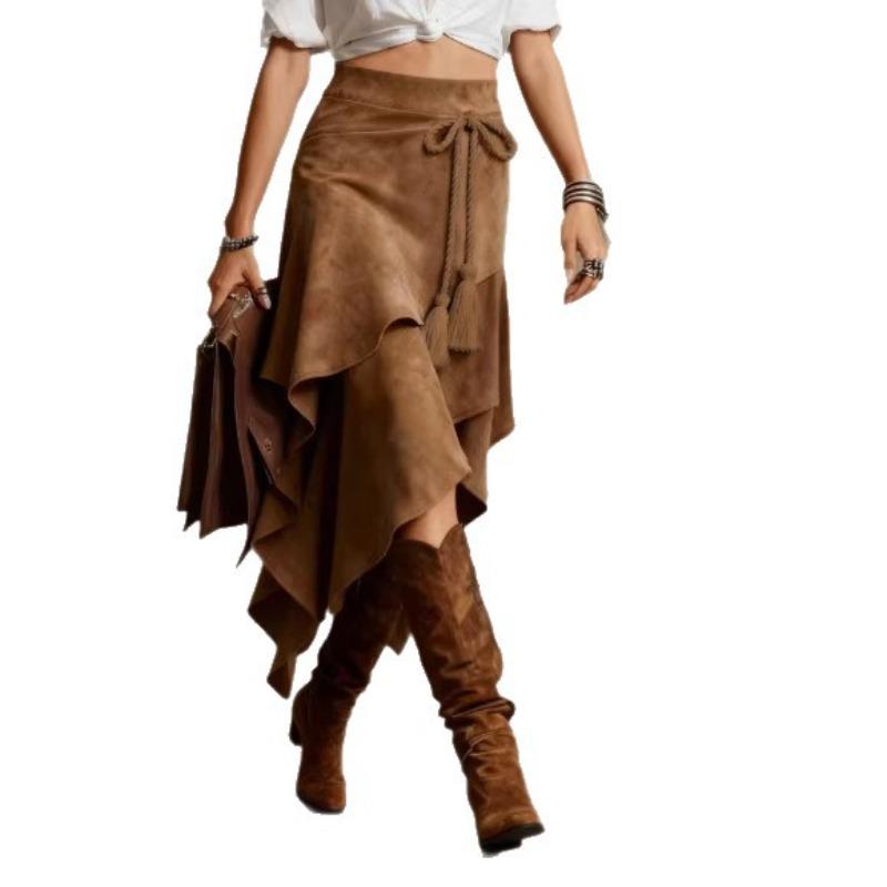 Women s Western Style Suede Asymmetric High Waist Midi Skirt with Tie Waist S темно-коричневого