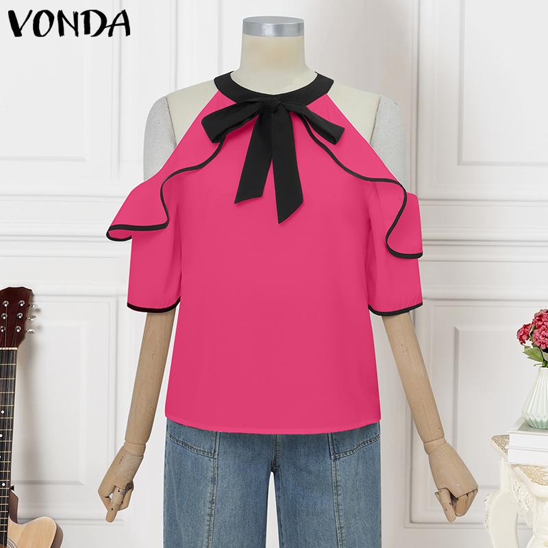 

VONDA Женская блузка с открытыми плечами, рукавами-рюшами и бантом, повседневная, со строчкой 3XL