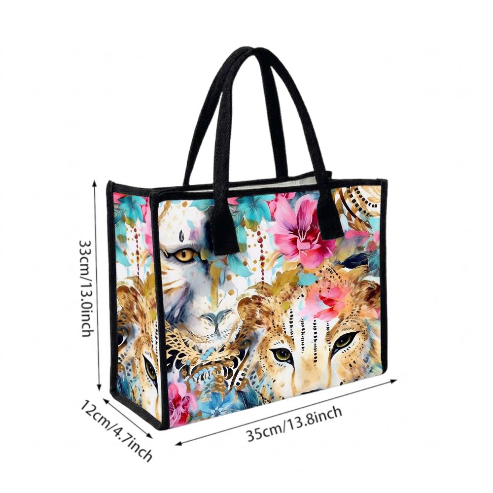Floral Lion Pattern Tote Bag Fashion Large Capacity Shoulder Handbag for Daily Use