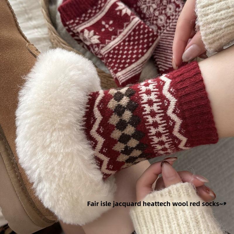 Noworoczne Czerwone Skarpety, Skarpety Fair Isle, Jesienno-Zimowe Zagęszczone Wełniane Skarpety do Połowy Łydki, Retro w Kształcie Diamentów