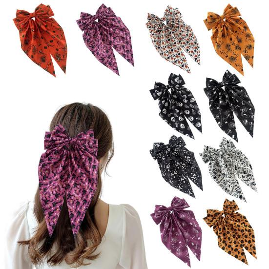Festive Halloween Hair Accessory Bow Spring Clips for Women, Pumpkin Skeleton Ghost Hand Printed Clip Fabric Barrettes, Cute Horror Accessories