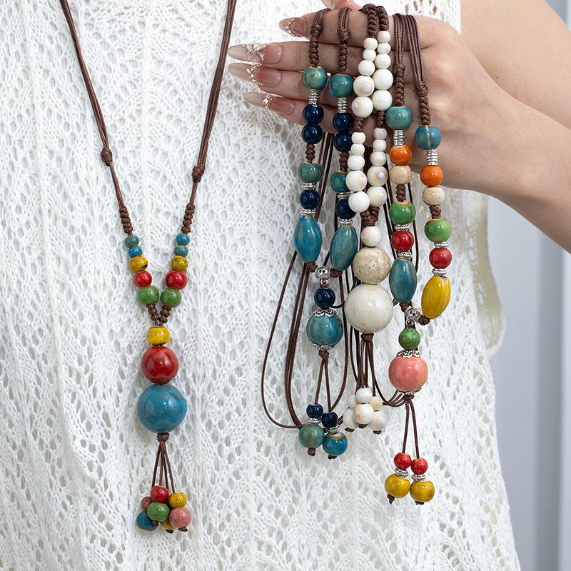 Jingdezhen Ceramic Non-Fading Necklace Ethnic Style Sweater Chain Antique Woven Rope Long Neck Chain