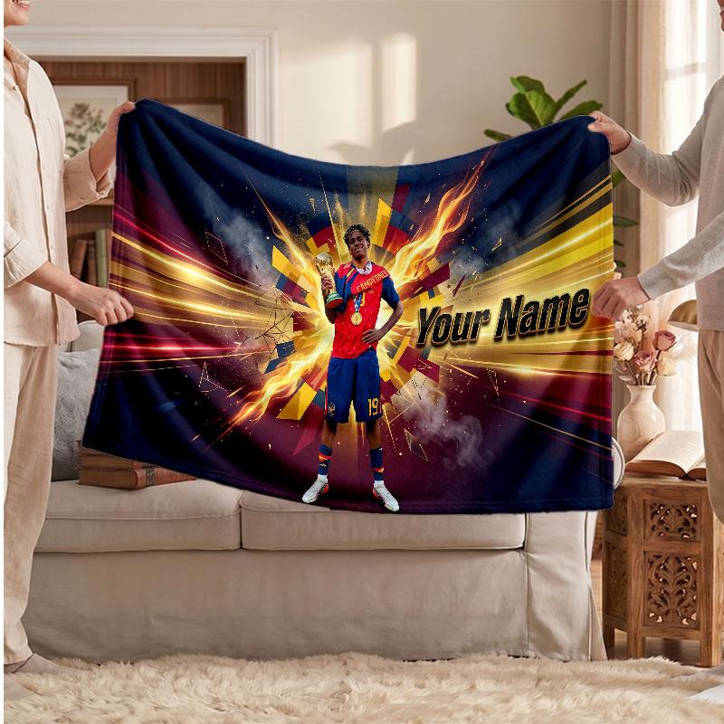 Couverture polaire personnalisée Lamine Yamal avec logo de football, texte de nom personnalisé, couverture d'appoint douce et chaude pour la maison