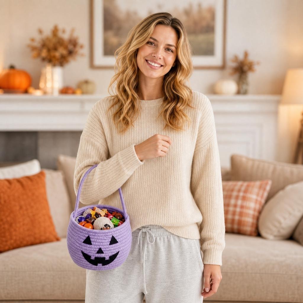 Handwoven Cotton Rope Basket with Handle Halloween Pumpkin Design Storage Organizer Container for Home Office Use Durable and Lightweight