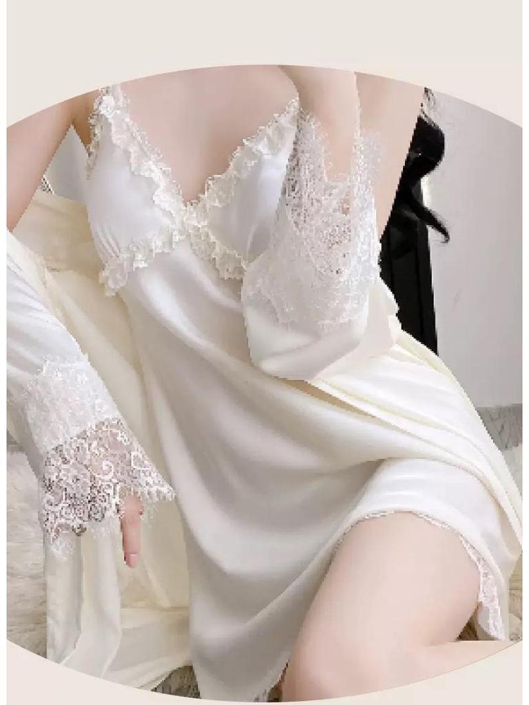 Elegant Lace Ice Silk Two-Piece Camisole Nightgown & Robe Set for Women - Spring/Summer