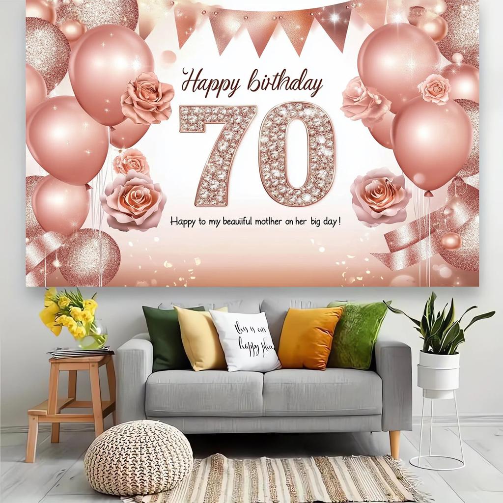 Elegant 70th Birthday Party Background - Pink and White Balloons, Sparkling Rose Design,