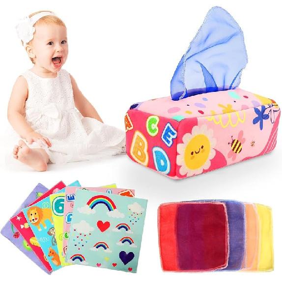 YOGINGO Baby Toys 6 to 12 Months - Tissue Box Toy Montessori for Babies 6-12 Months, Soft Stuffed High Contrast Crinkle Infant Sensory Toys, Pink Toys
