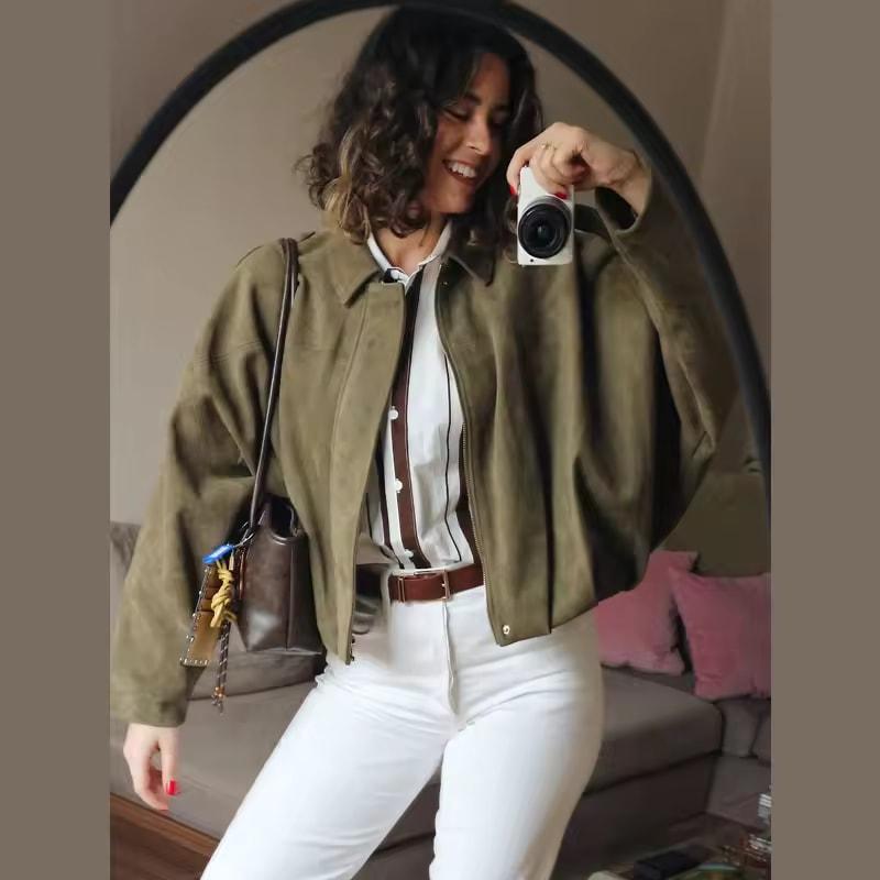 Dames Bomberjack Revers Lange Mouw Rits Suède Jas Dames High Street Cropped Racejassen Jassen BuitenKleding