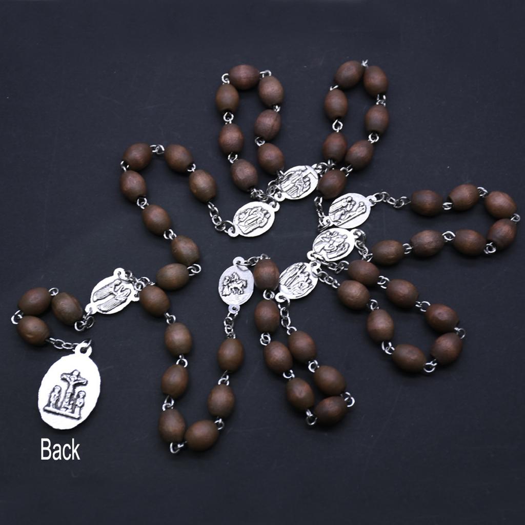 Wood Catholic Rosary Necklace Beads Holy Mother Hanging Pendant Charm for Women Men Church Decoration Meditation Praying