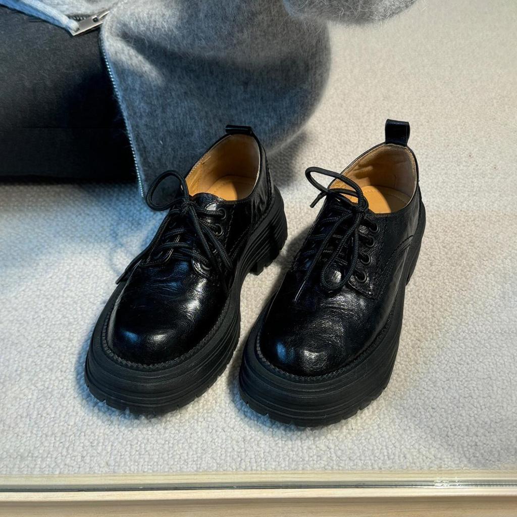 Sheepskin version~ thick-soled British leather lace-up small leather shoes women's versatile retro college style thick heel round head loafers