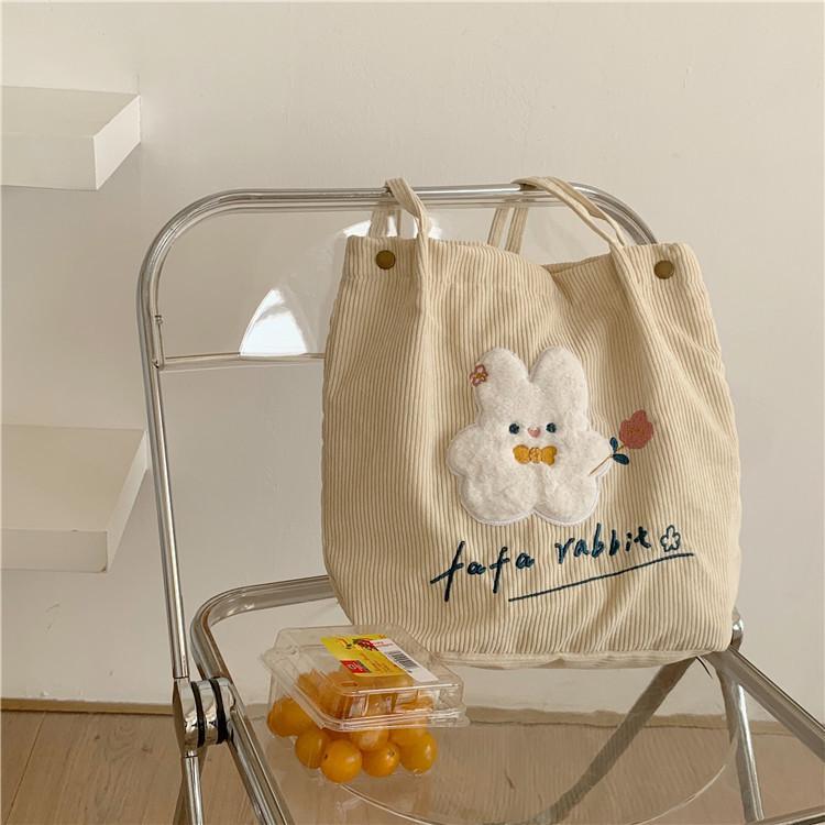 Adorable Floral Embroidered Corduroy Shoulder Bag Sweet Japanese Tote For Students