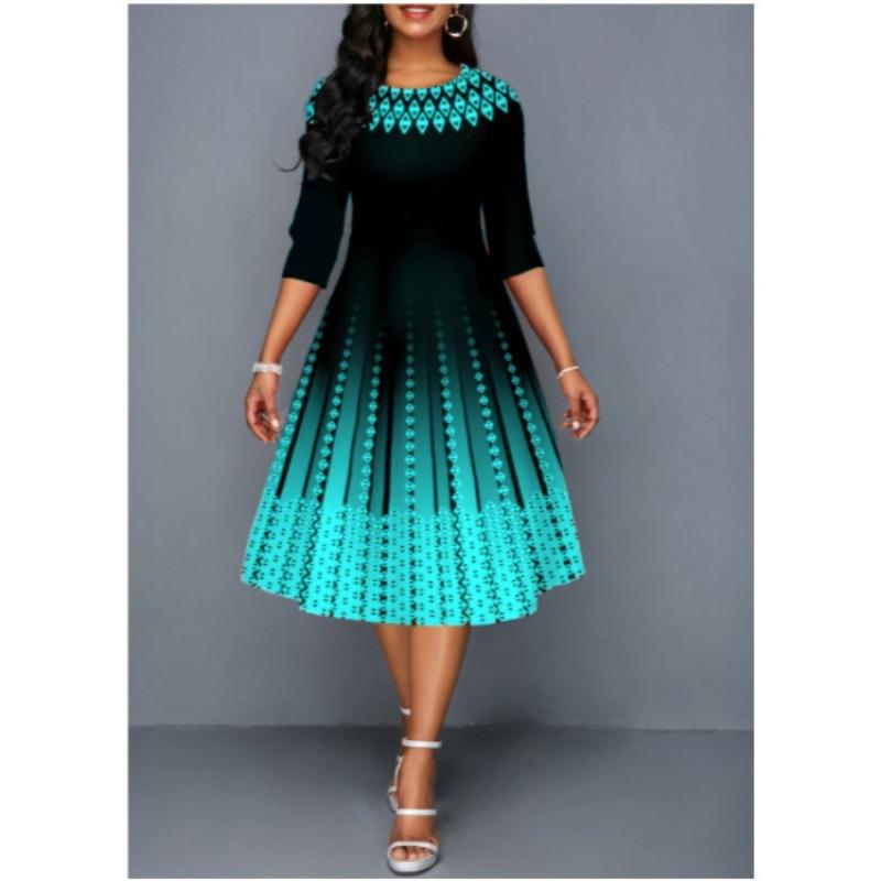 New women's clothing positioning printing temperament medium sleeve waist dress