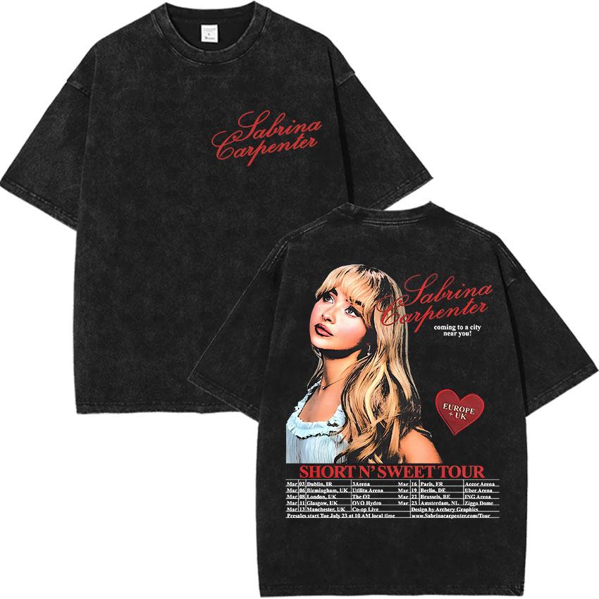 Vintage Vasket Sabrina Carpenter Short N Sweet Album T-skjorte Menn Kvinner Sommer Casual Oversized T-skjorte Y2k Harajuku Klær