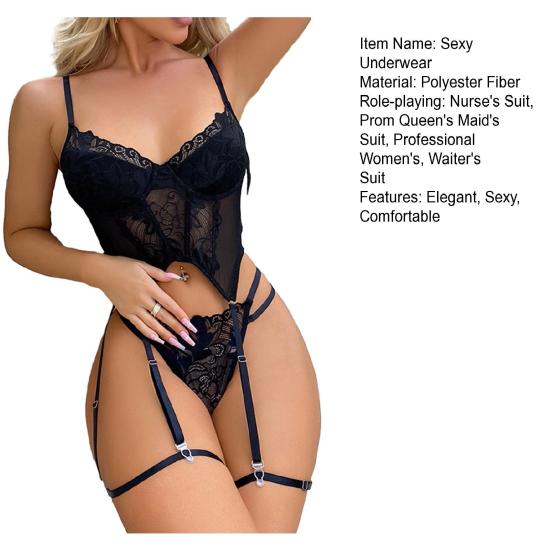 Sexy Lace Underwear Set with Garter Belt Floral Lace Bodysuit Mesh Sheer Bra And Baby Dolls Panty Set