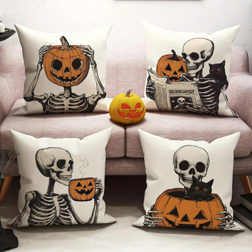 Skull Pumpkin Printed Pillowcase, Gothic Style Sofa Cushion Cover, Horror Themed Living Room Decoration, Halloween Home Goods