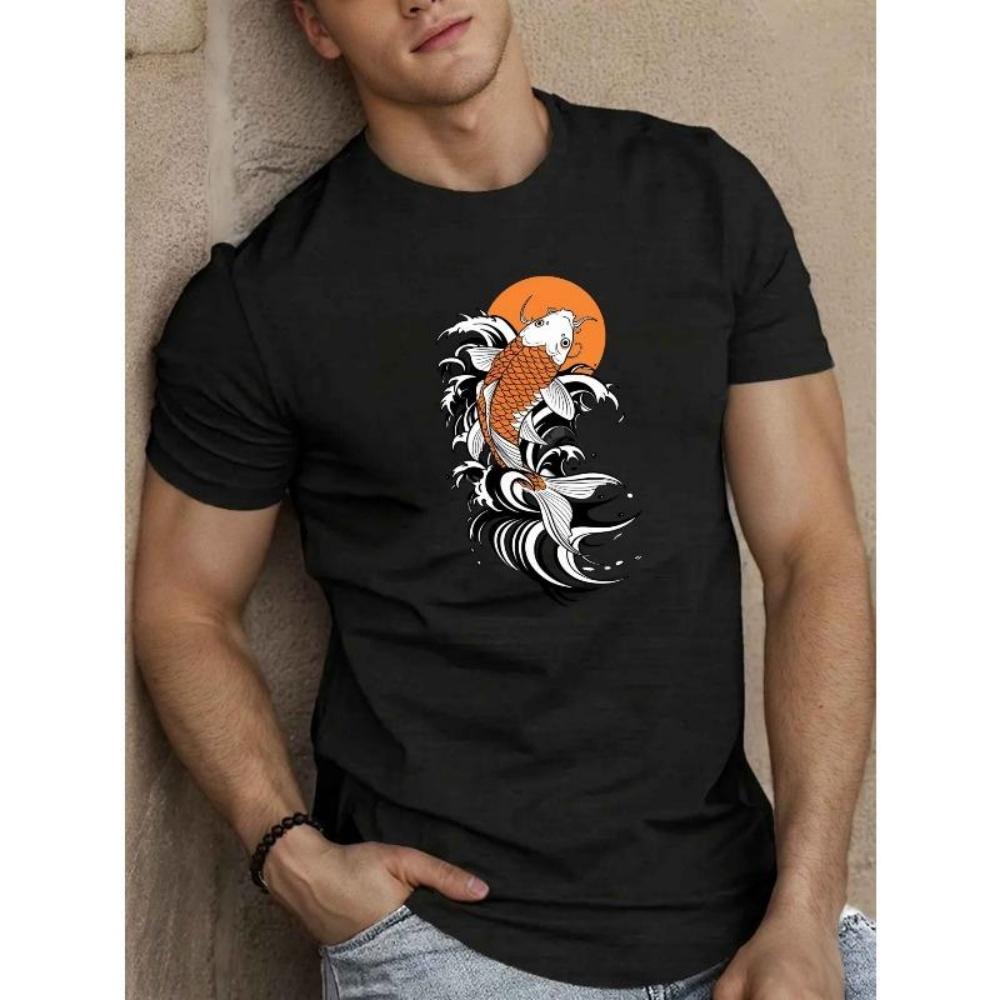 

European Sizes Men S Koi Fish Graphic T-Shirt, Casual Crew Neck, Polyester Knit Fabric with Slight Stretch, Geometric-Pattern, Regular Fit, XXXXXL чорний