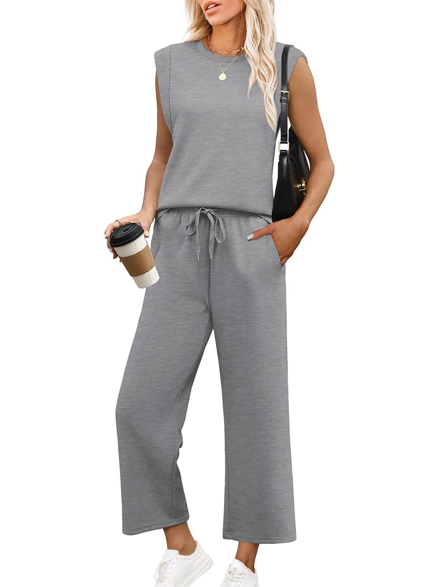 

Sleeveless Jumpsuit with Drawstring Waist, Wide Leg Pants, Casual Romper for Women XXL сірий колір