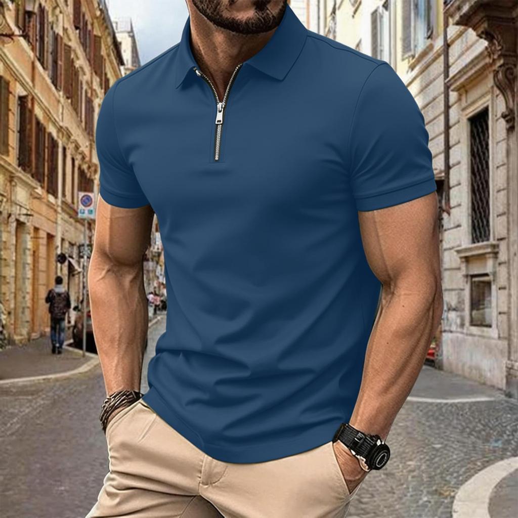 Herren Sommer Kurzarm Poloshirt mit Reißverschluss vorne Lässig Umlegekragen Leicht Atmungsaktives Oberteil